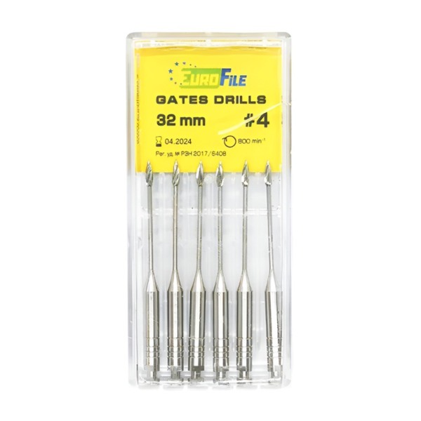 Дрильборы машинные Eurofile Gates Drills, для расширения коронковой трети канала, 32 мм, размер 4, сталь, 6 шт - фото 0