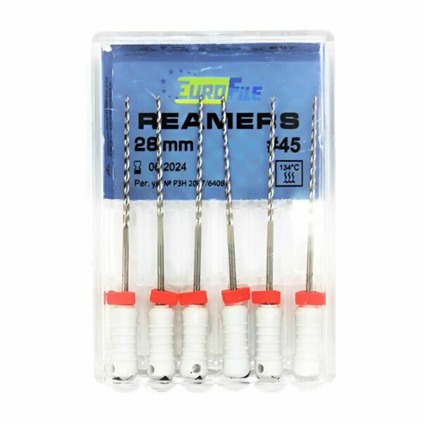 Дрильборы ручные Eurofile Reamers, для прохождения и расширения корневых каналов, 28 мм, №45, сталь, 6 шт - фото 0