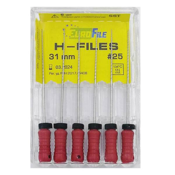  Файлы ручные Eurofile H-Files, для расширения и выравнивания корневого канала, 31 мм, №25/.02, сталь, 6 шт - фото 1