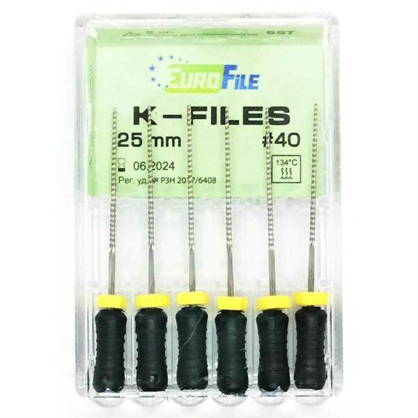 Файлы ручные Eurofile K-Files, для прохождения и расширения корневых каналов, 25 мм, №40/.02, сталь, 6 шт - фото 1