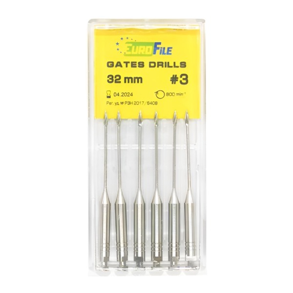Дрильборы машинные Eurofile Gates Drills, для расширения коронковой трети канала, 32 мм, размер 3, сталь, 6 шт - фото 0