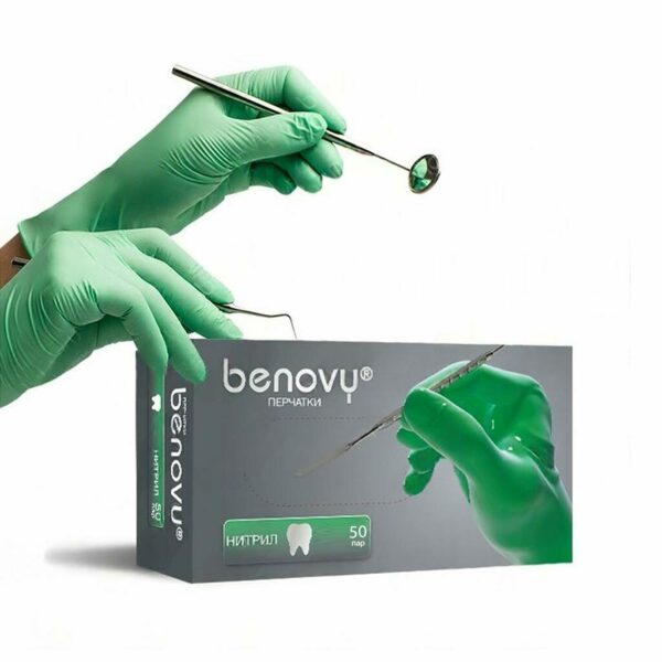 Перчатки одноразовые Benovy Dental Formula, нитриловые, нестерильные, текстурированные, хлорированные, зеленые, M, 50 пар - фото 1