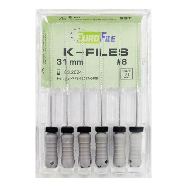Файлы ручные Eurofile K-Files, для прохождения и расширения корневых каналов, 31 мм, №08/.02, сталь, 6 шт - фото 1