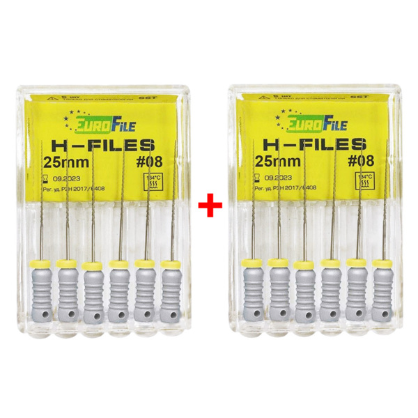 Файлы ручные Eurofile H-Files, для расширения и выравнивания корневого канала, 25 мм, №08/.02, сталь, 6 шт х 2 - фото 0