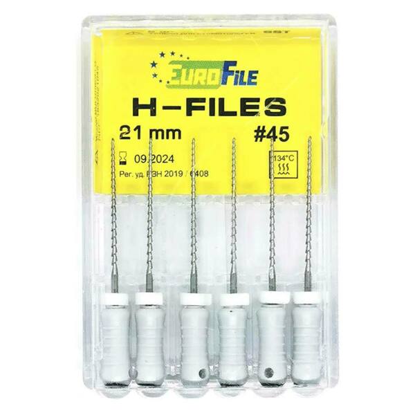  Файлы ручные Eurofile H-Files, для расширения и выравнивания корневого канала, 21 мм, №45/.02, сталь, 6 шт - фото 1