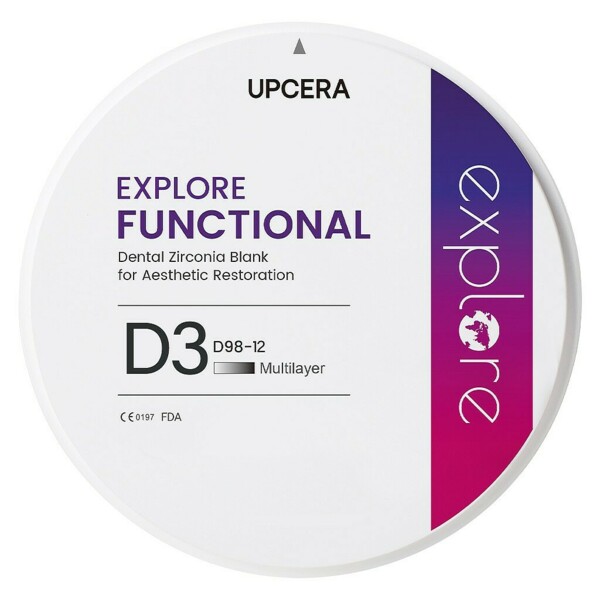 Диск из диоксида циркония Upcera EXPLORE FUNCTIONAL, для CAD/CAM фрезерования, цвет D3, размер 12, d=98 мм, 1 шт - фото 0