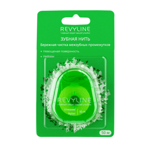 Зубная нить Revyline, невощеная, нейлон, зеленая, 50 м - фото 0