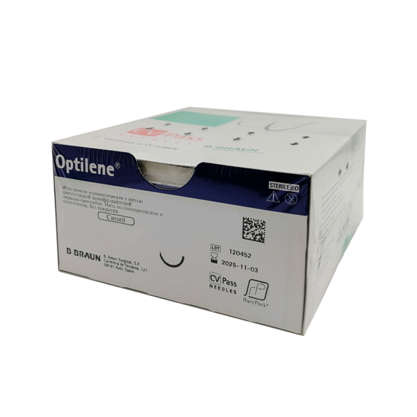 Шовный материал Оптилен — монофиламентная нить 4/0 75 см, колющая игла 17 мм 1/2, синий, 36 шт - фото 0