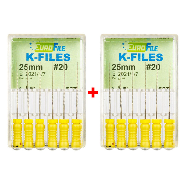 Файлы ручные Eurofile K-Files, для прохождения и расширения корневых каналов, 25 мм, №20/.02, сталь, 6 шт х 2 - фото 0