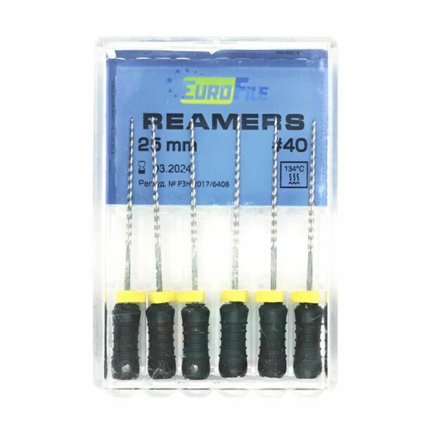 Дрильборы ручные Eurofile Reamers, для прохождения и расширения корневых каналов, 25 мм, №40, сталь, 6 шт - фото 0