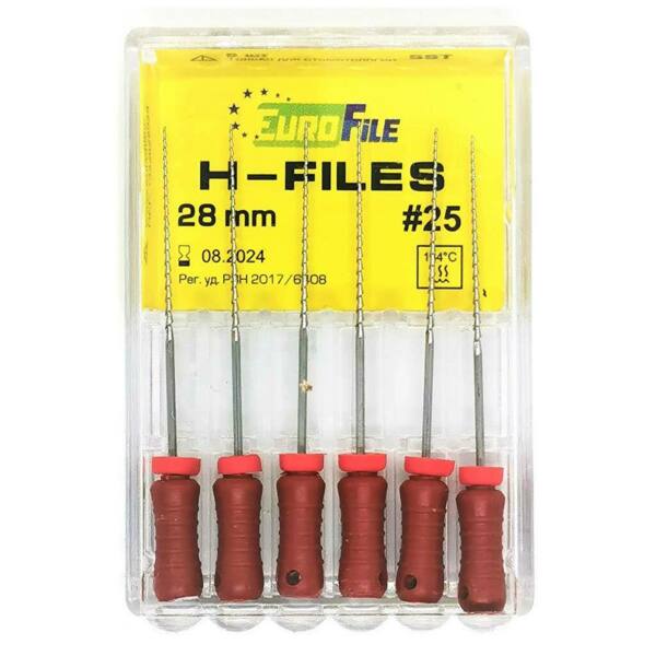  Файлы ручные Eurofile H-Files, для расширения и выравнивания корневого канала, 28 мм, №25/.02, сталь, 6 шт - фото 1