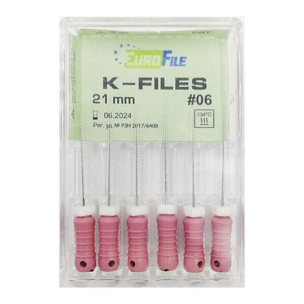 Файлы ручные Eurofile K-Files, для прохождения и расширения корневых каналов, 21 мм, №06/.02, сталь, 6 шт - фото 1