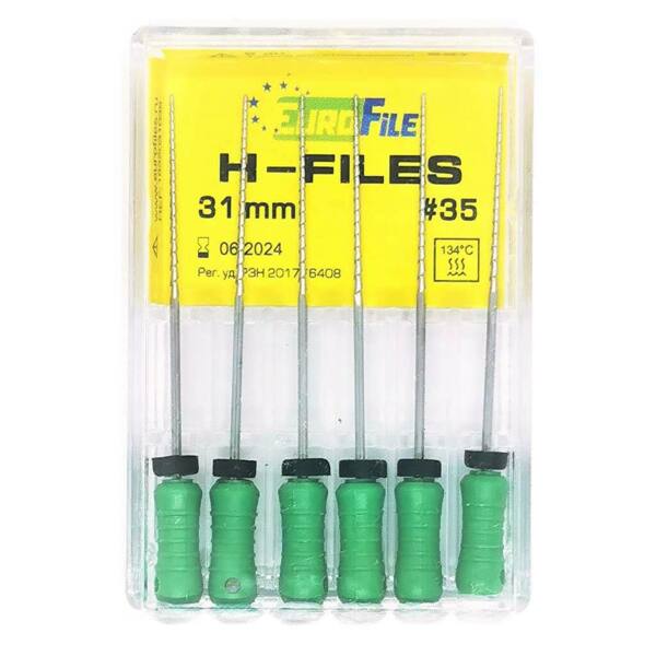  Файлы ручные Eurofile H-Files, для расширения и выравнивания корневого канала, 31 мм, №35/.02, сталь, 6 шт - фото 1