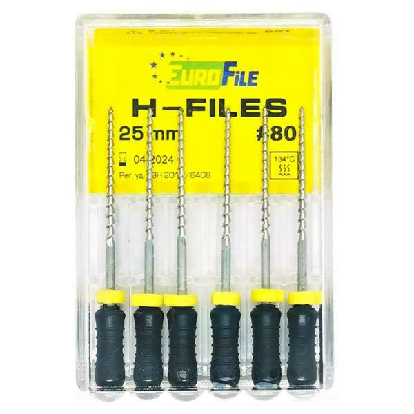 Файлы ручные Eurofile H-Files, для расширения и выравнивания корневого канала, 25 мм, №80/.02, сталь, 6 шт - фото 1