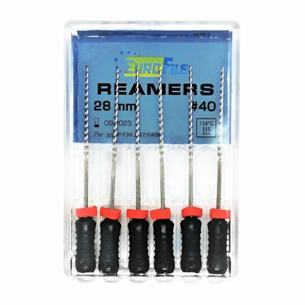 Дрильборы ручные Eurofile Reamers, для прохождения и расширения корневых каналов, 28 мм, №40, сталь, 6 шт - фото 0