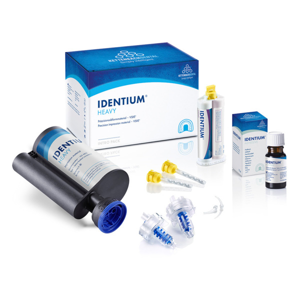 Identium Heavy (Intro pack) - оттискная масса, 380 мл, 50 мл Light Body, 10 мл адгезив, 10 динамических смесителей + 6 смесительных канюль (желтые)
