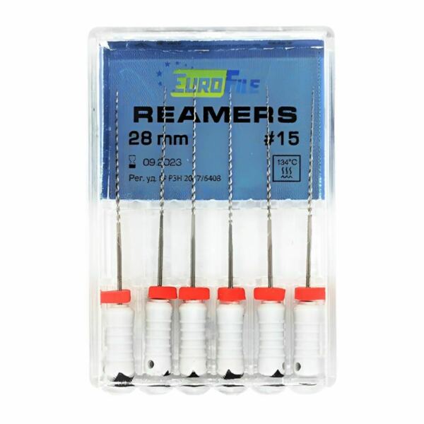 Дрильборы ручные Eurofile Reamers, для прохождения и расширения корневых каналов, 28 мм, №15, сталь, 6 шт - фото 0