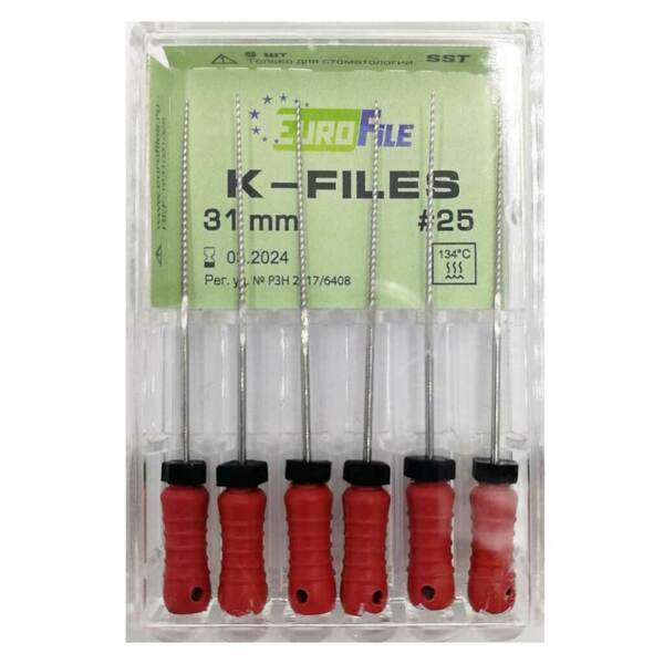 Файлы ручные Eurofile K-Files, для прохождения и расширения корневых каналов, 31 мм, №25/.02, сталь, 6 шт - фото 1