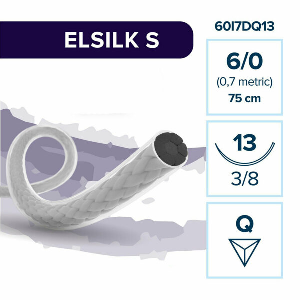 Шовный материал Elemaar ELSILK S, нерассасывающаяся плетеная нить с покрытием 6/0 75 см, обратно-режущая игла 13 мм 3/8, черный, 12 шт - фото 1