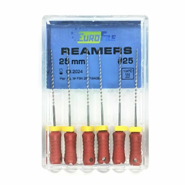 Дрильборы ручные Eurofile Reamers, для прохождения и расширения корневых каналов, 25 мм, №25, сталь, 6 шт - фото 0