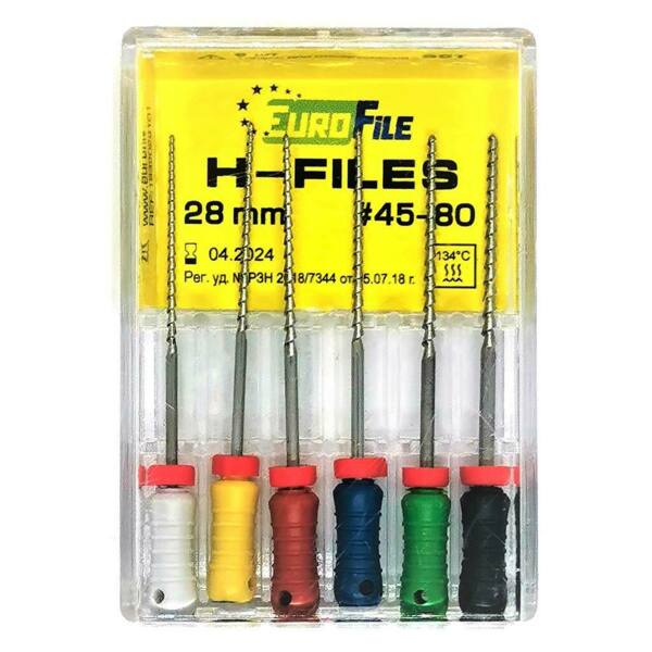 Файлы ручные Eurofile H-Files, для расширения и выравнивания корневого канала, 28 мм, набор №45-80/.02, сталь, 6 шт - фото 1