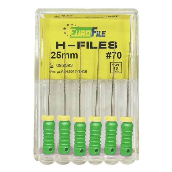  Файлы ручные Eurofile H-Files, для расширения и выравнивания корневого канала, 25 мм, №70/.02, сталь, 6 шт - фото 1