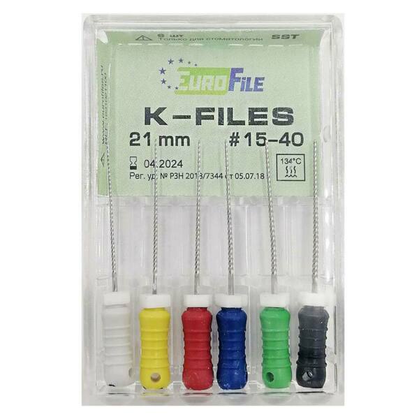 Файлы ручные Eurofile K-Files, для прохождения и расширения корневых каналов, 21 мм, набор №15-40/.02, сталь, 6 шт - фото 1