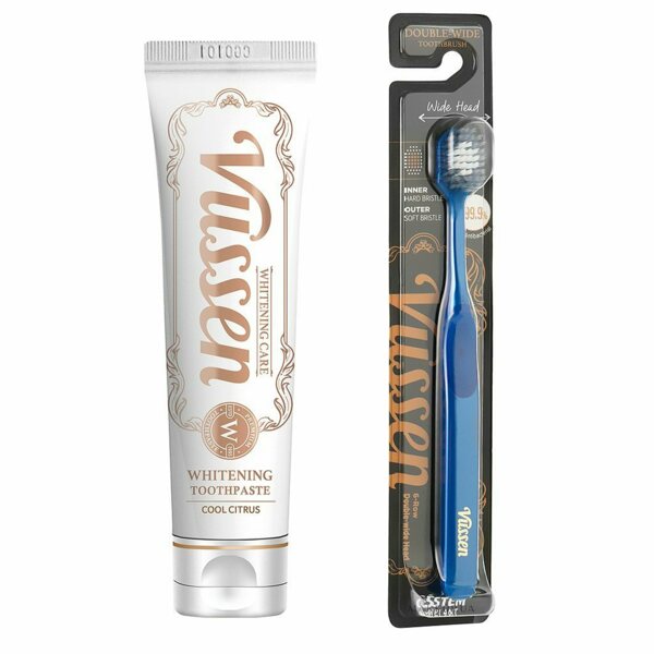 Набор зубная паста Vussen W "Цитрусовая свежесть", отбеливающая + синяя щётка Vussen "Double-Wide", 120 г - фото 0