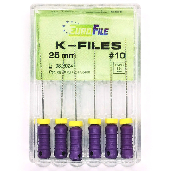 K-Files - ручные файлы, 25 мм, №10, сталь, 6 шт - фото 0