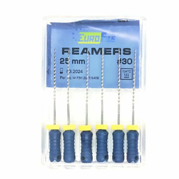 Дрильборы ручные Eurofile Reamers, для прохождения и расширения корневых каналов, 25 мм, №30, сталь, 6 шт - фото 0