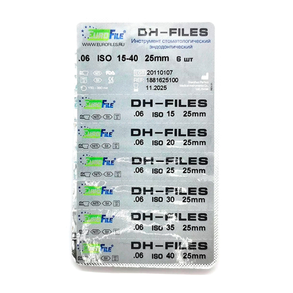 DH-Files - машинные файлы, конус .06, №15, 20, 25, 30, 35, 40, 25 мм, никель-титан, 6 шт - фото 1