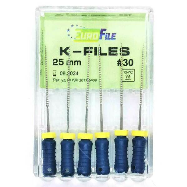 Файлы ручные Eurofile K-Files, для прохождения и расширения корневых каналов, 25 мм, №30/.02, сталь, 6 шт - фото 1