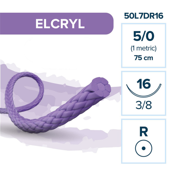 Шовный материал Лактисорб ELCRYL — рассасывающаяся нить 5/0 75 см, колющая игла 16 мм 3/8, 12 шт - фото 0