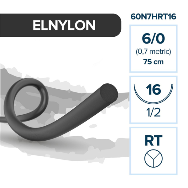 Шовный материал ELNYLON — нерассасывающаяся нить 6/0 75 см, таперкат 16 мм 1/2, 12 шт - фото 0