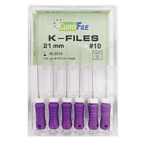K-Files - ручные файлы, 21 мм, №10, сталь, 6 шт - фото 0