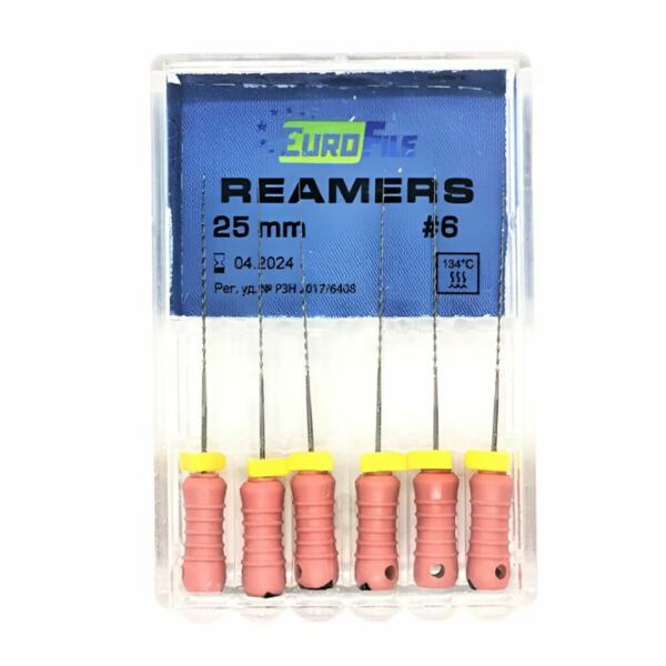 Дрильборы ручные Eurofile Reamers, для прохождения и расширения корневых каналов, 25 мм, №06, сталь, 6 шт - фото 0