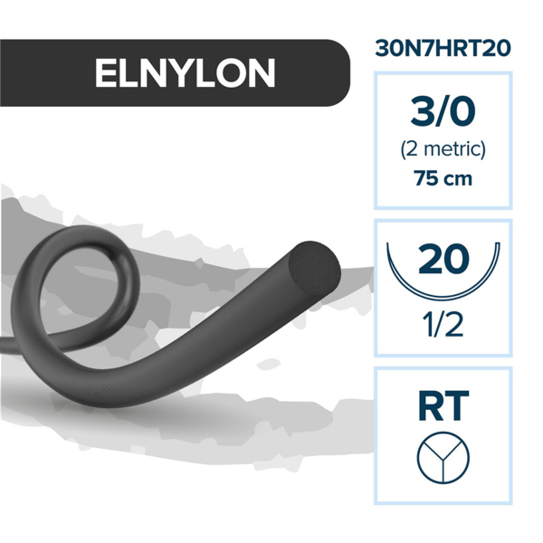 Шовный материал Elemaar ELNYLON, нерассасывающаяся мононить, 3/0 75 см, колюще-режущая игла 20 мм 1/2, черный,12 шт - фото 0