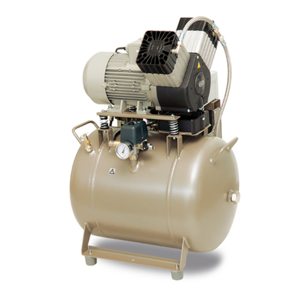 EKOM DK50 2V/50/M - безмасляный компрессор для 2-x стоматологических установок без кожуха, с осушителем, с ресивером 50 л