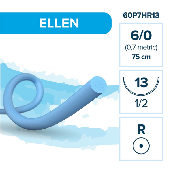 Шовный материал Elemaar ELLEN, нерассасывающаяся мононить, 6/0 75 см, колющая игла 13 мм 1/2, овальная намотка, синий, 12 шт - фото 0