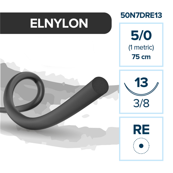 Шовный материал ELNYLON — нерассасывающаяся нить 5/0 75 см, колющая игла с квадратным телом 13 мм 3/8, 12 шт - фото 0