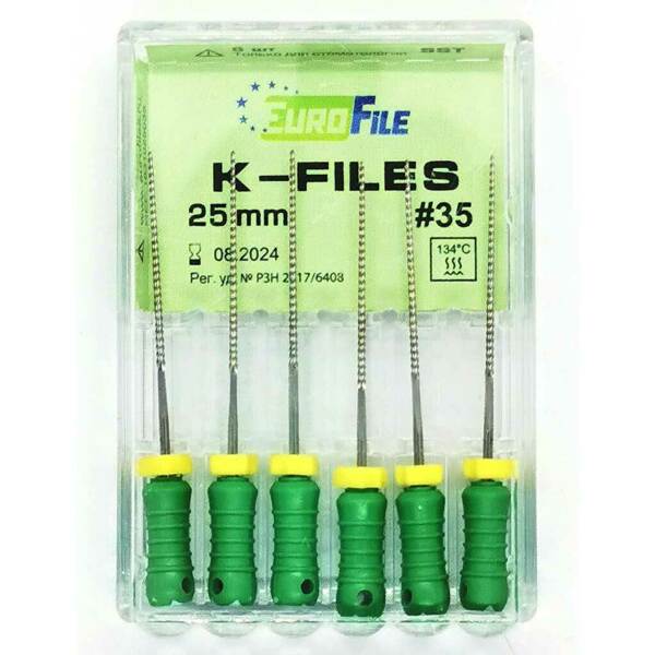Файлы ручные Eurofile K-Files, для прохождения и расширения корневых каналов, 25 мм, №35/.02, сталь, 6 шт - фото 1