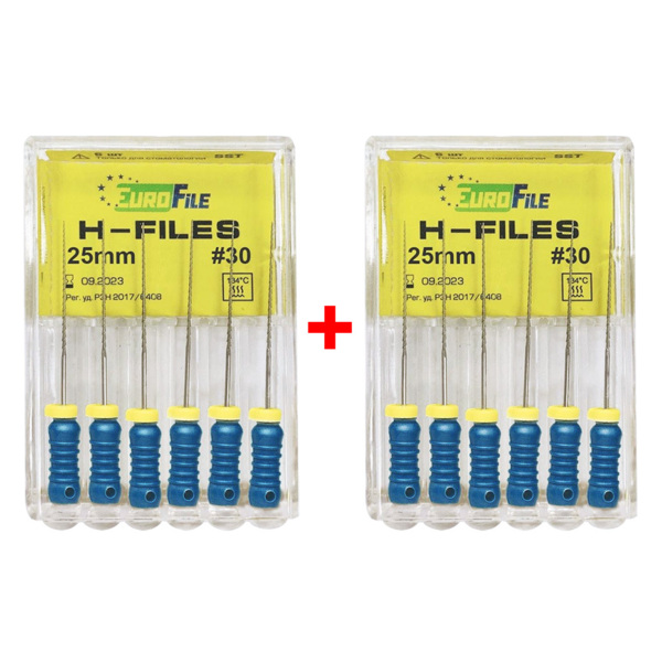 Файлы ручные Eurofile H-Files, для расширения и выравнивания корневого канала, 25 мм, №30/.02, сталь, 6 шт х 2 - фото 0