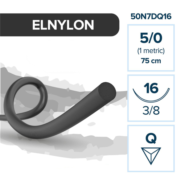 Шовный материал ELNYLON — нерассасывающаяся нить 5/0 75 см, обратно-режущая игла 16 мм 3/8, 12 шт - фото 0