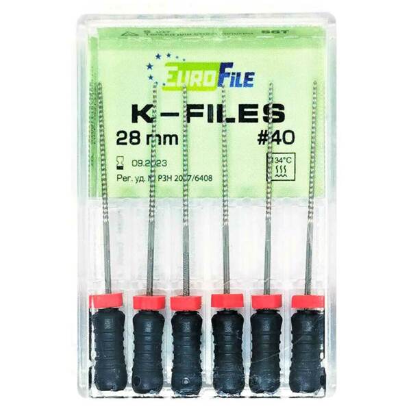 Файлы ручные Eurofile K-Files, для прохождения и расширения корневых каналов, 28 мм, №40/.02, сталь, 6 шт - фото 1