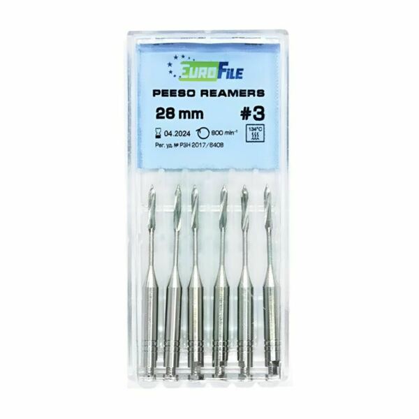Дрильборы машинные Eurofile Peeso Reamer, для работы с каналом после вскрытия полости, 28 мм, размер 3, сталь, 6 шт - фото 0