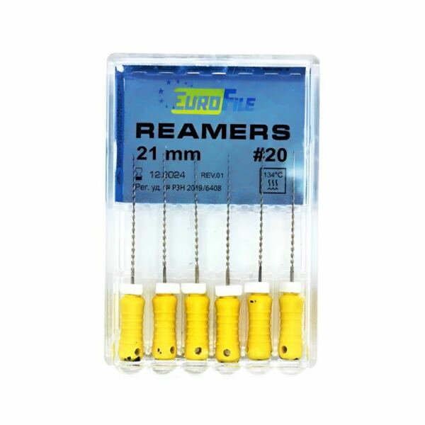 Дрильборы ручные Eurofile Reamers, для прохождения и расширения корневых каналов, 21 мм, №20, сталь, 6 шт - фото 0