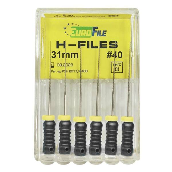  Файлы ручные Eurofile H-Files, для расширения и выравнивания корневого канала, 31 мм, №40/.02, сталь, 6 шт - фото 1