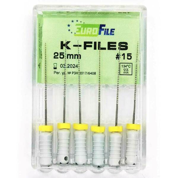 Файлы ручные Eurofile K-Files, для прохождения и расширения корневых каналов, 25 мм, №15/.02, сталь, 6 шт - фото 1