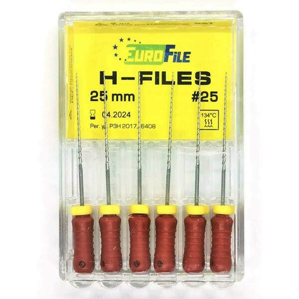  Файлы ручные Eurofile H-Files, для расширения и выравнивания корневого канала, 25 мм, №25/.02, сталь, 6 шт - фото 1