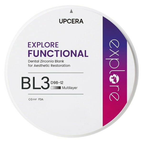 Диск из диоксида циркония Upcera EXPLORE FUNCTIONAL, для CAD/CAM фрезерования, цвет BL3, размер 12, d=98 мм, 1 шт - фото 0